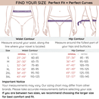 Sizing chart for waist and hip measurements with illustrations of body contours.