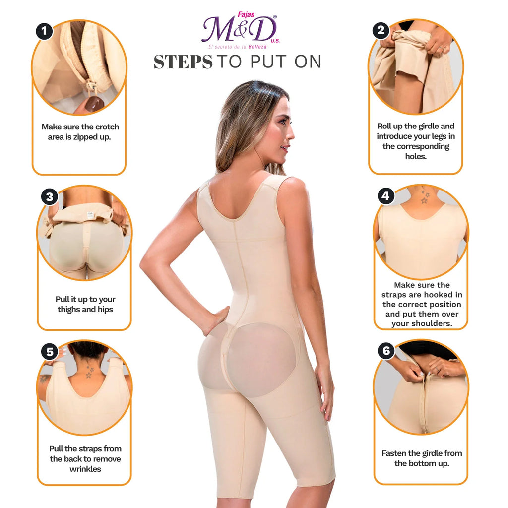 Instructions on how to put on a shapewear garment with a model and step-by-step illustrations.