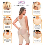 Instructions on how to put on a shapewear garment with a model and step-by-step illustrations.