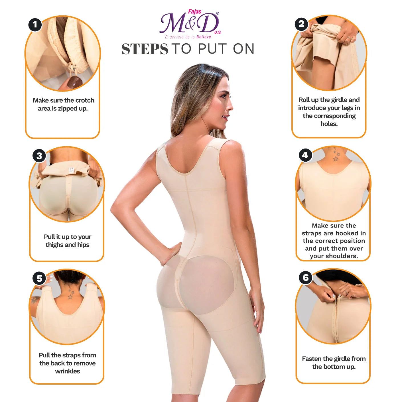 Instructions on how to put on a shapewear garment with a model and step-by-step illustrations.