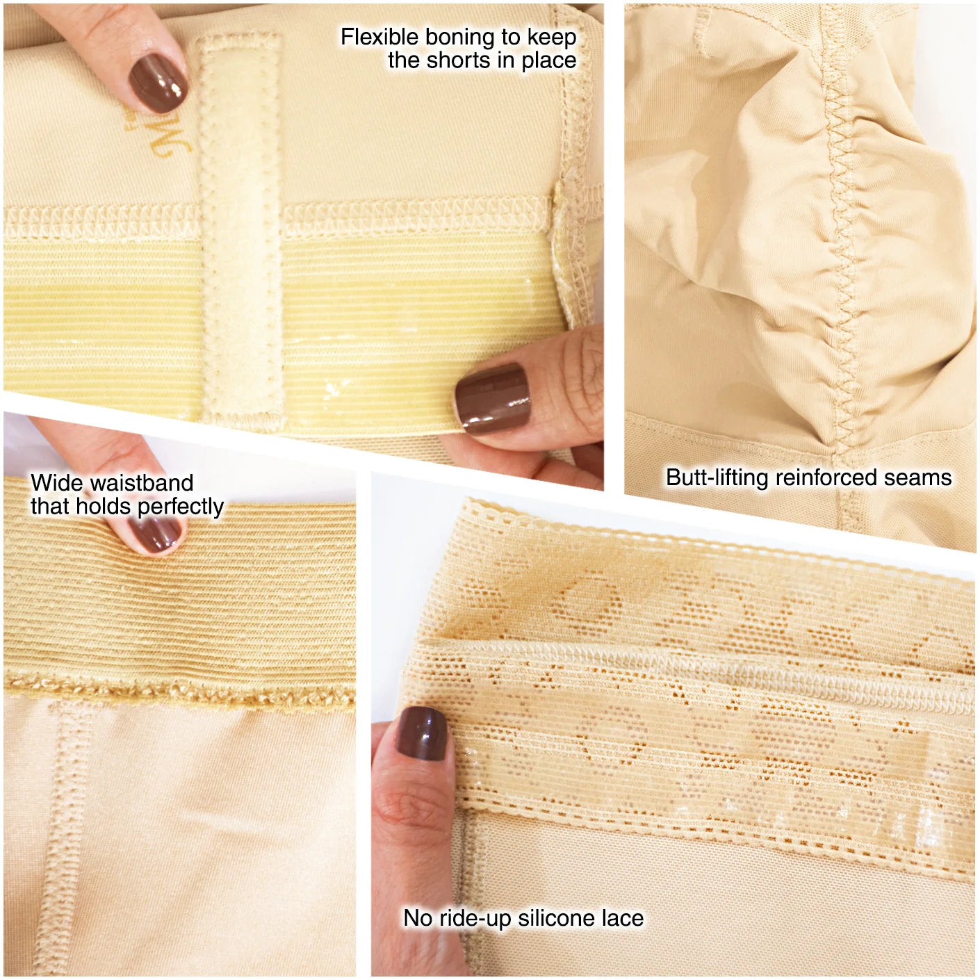 Collage of features of a shapewear product including flexible boning, wide waistband, butt-lifting seams, and no ride-up silicone lace.