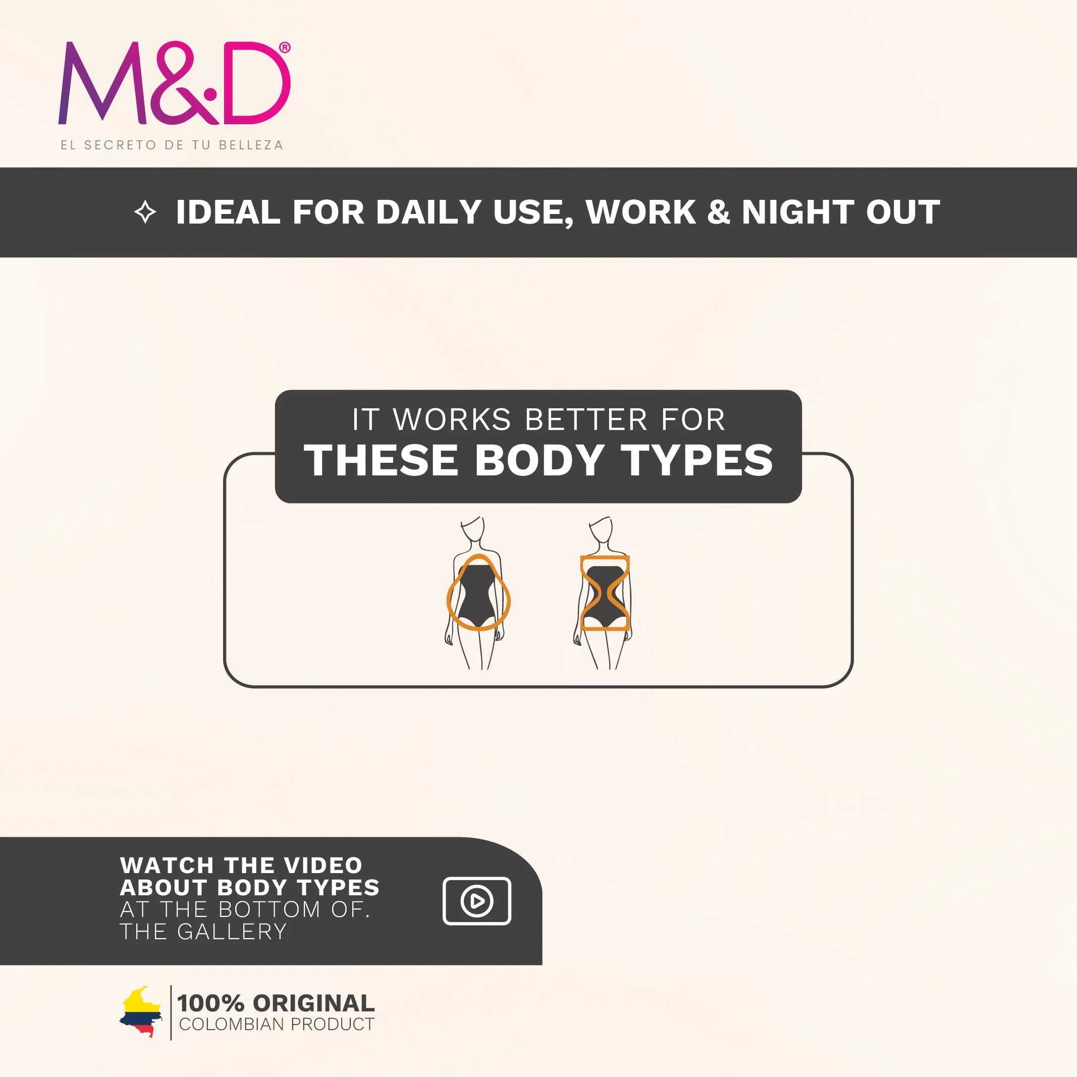 Advertisement for M&D product with text about daily use, work, night out, and body types.