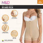 Woman wearing a beige faja with features highlighted on a white background, featuring the brand M&D.