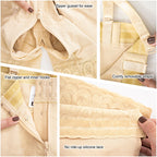 Collage of features of a beige garment with text labels.