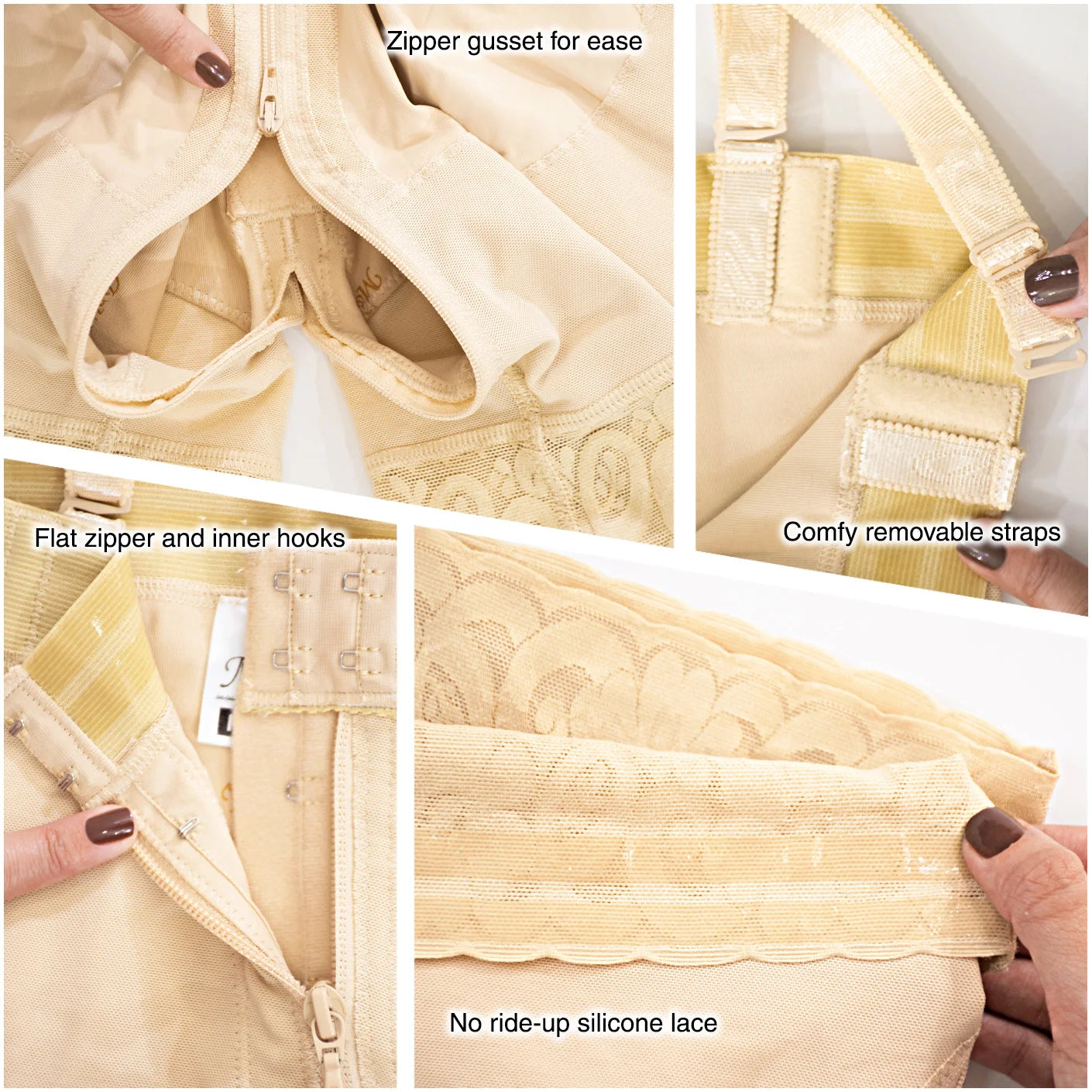 Collage of features of a beige garment with text labels.