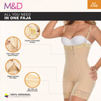 Beige shapewear with features highlighted on a white background, featuring the brand 'M&D'.