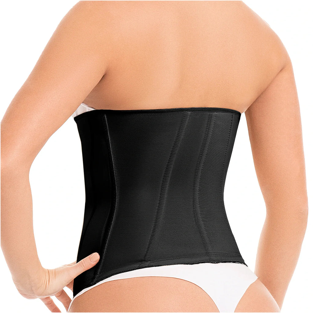 Black waist trainer worn by a person on a white background