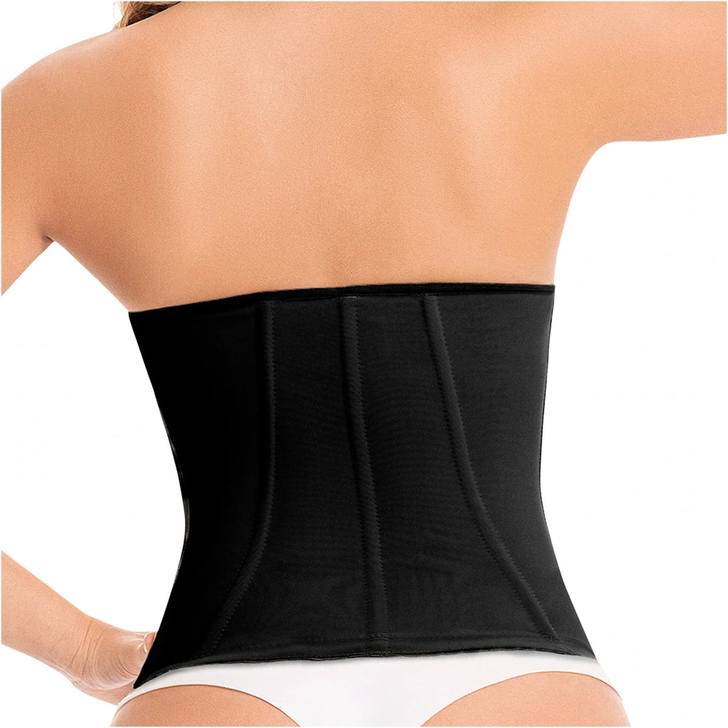 Black waist trainer worn by a person on a white background