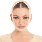 Woman wearing a beige face and neck compression mask on a white background