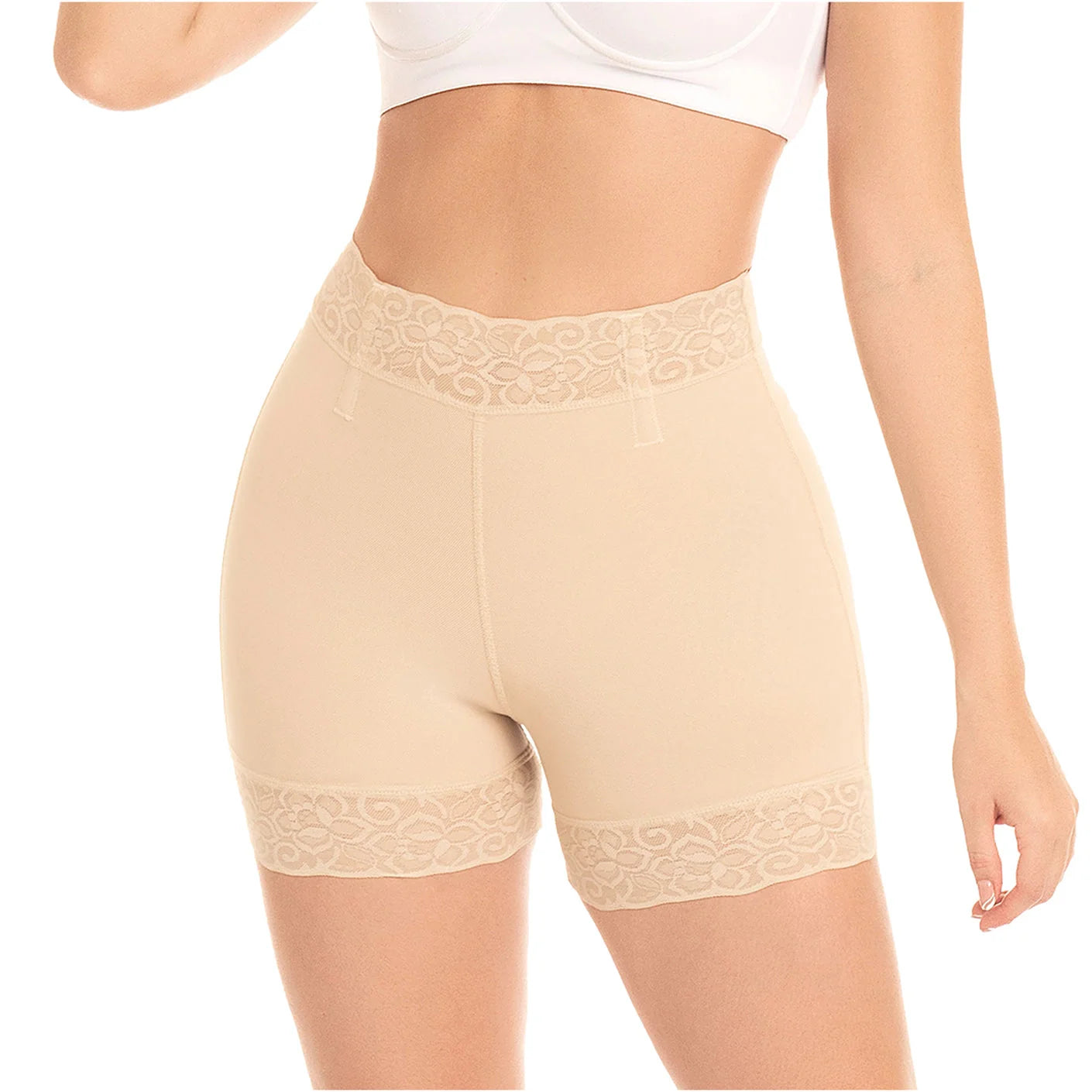 Beige shapewear shorts with lace details on a white background
