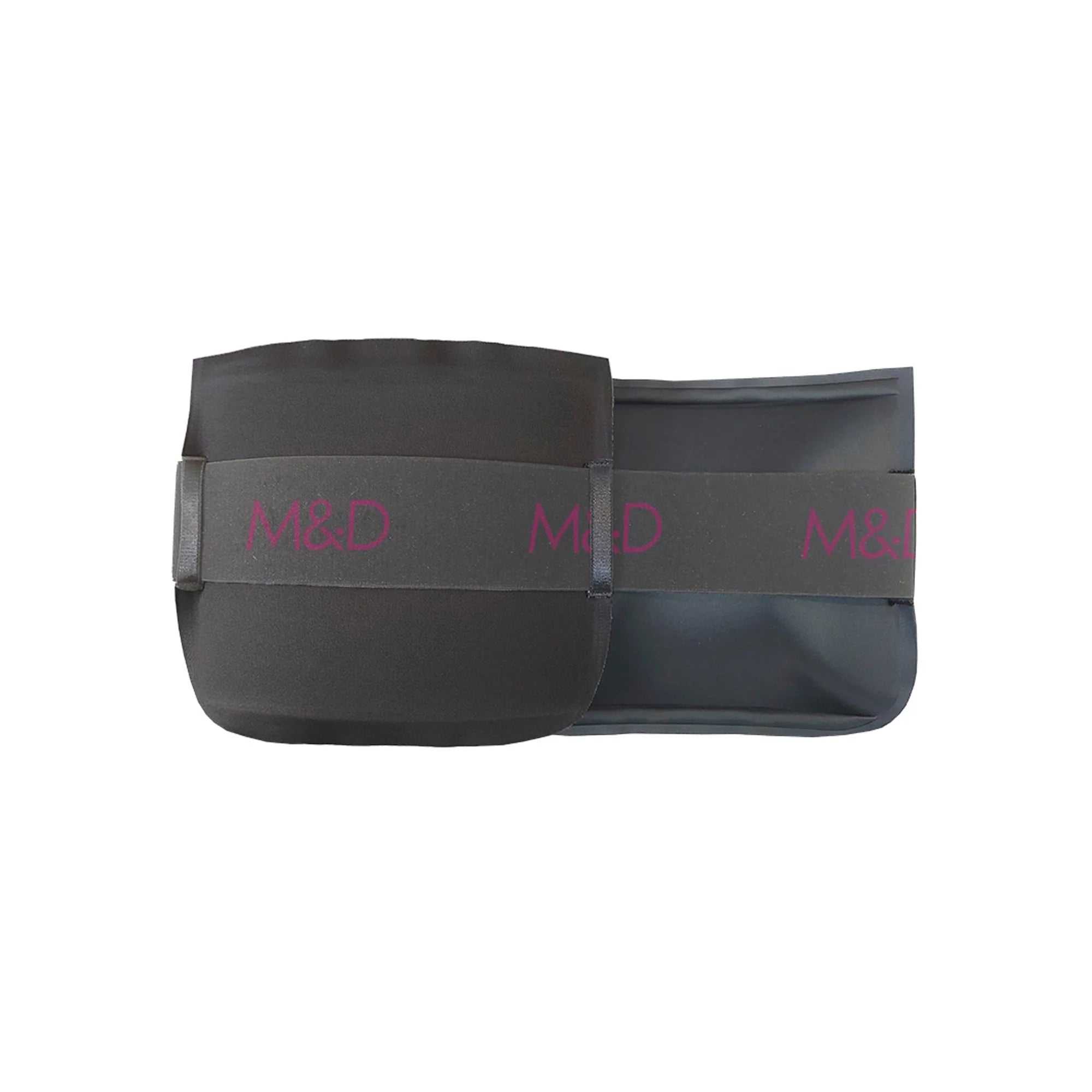 Black pouch with pink text on a white background