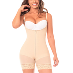 Woman wearing a beige shapewear garment on a white background