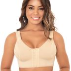 Woman wearing a beige compression garment on a white background