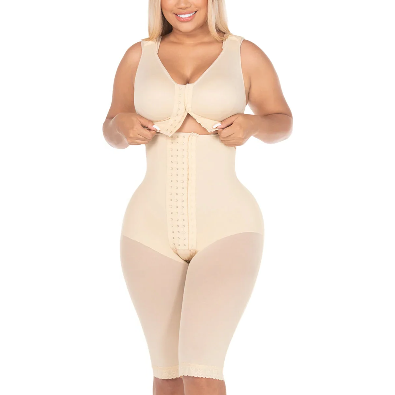 Woman wearing a beige body shaper on a white background