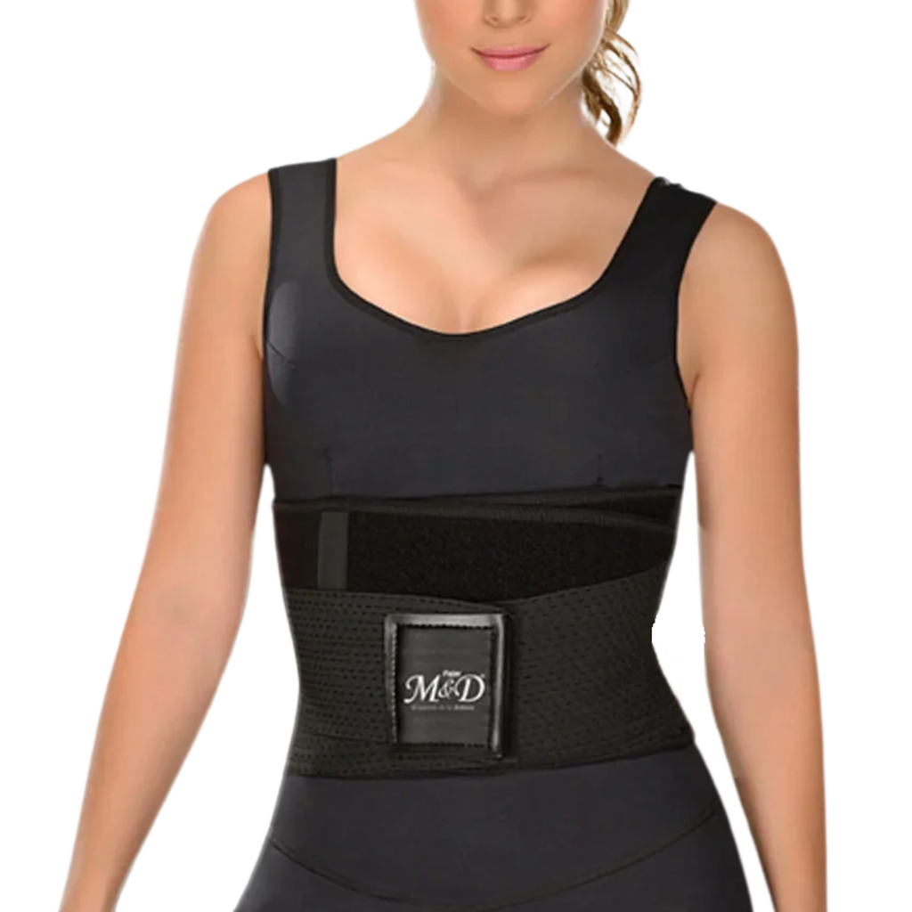 Black waist trainer with 'M&D' logo worn by a model on a white background