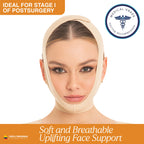 Woman wearing a medical-grade face support with branding and text on a white background