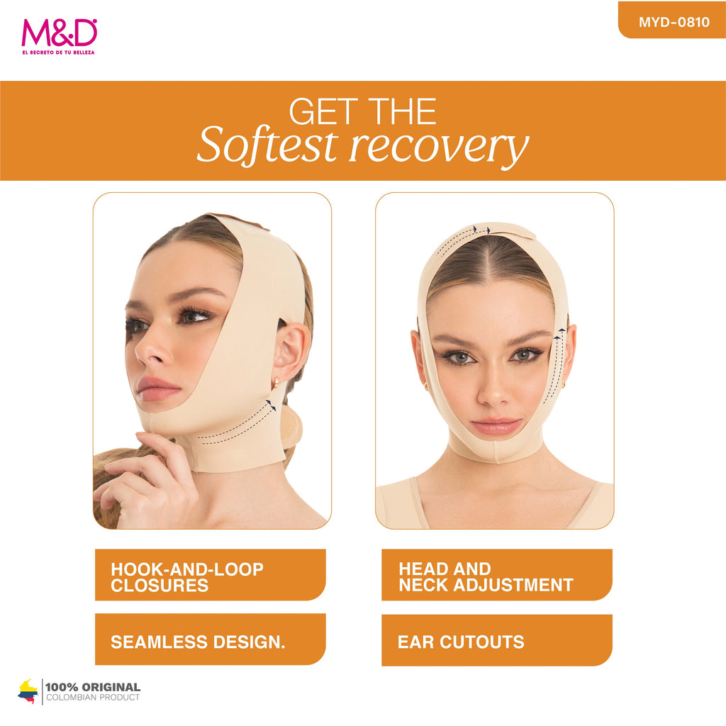 Advertisement for a face and neck compression garment with features highlighted on an orange background.