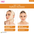 Advertisement for a face and neck compression garment with features highlighted on an orange background.