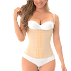 Woman wearing a beige waist trainer with white underwear on a white background