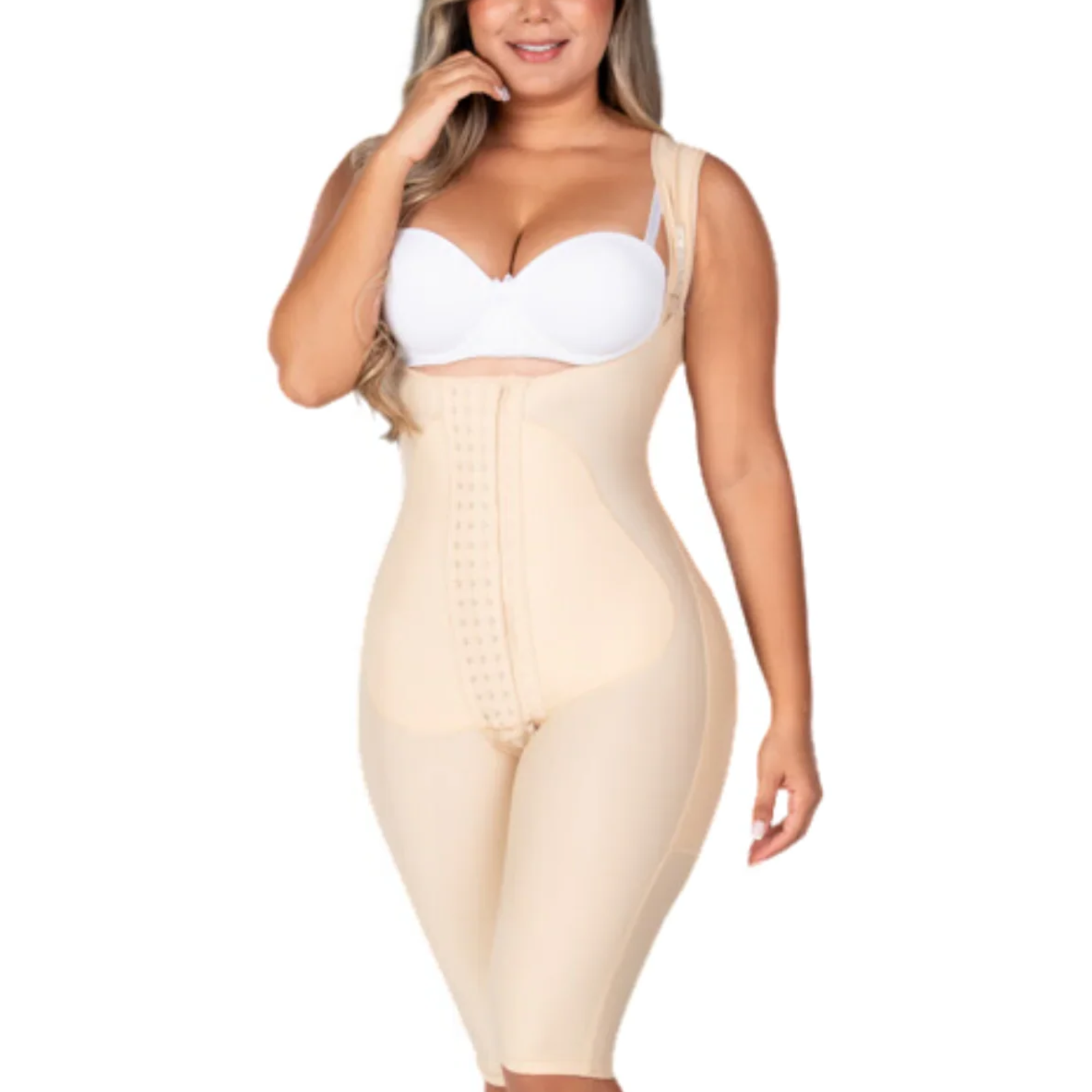 Woman wearing a beige body shaper on a white background