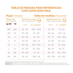 Size chart for women's clothing with hip and waist measurements in centimeters and inches.