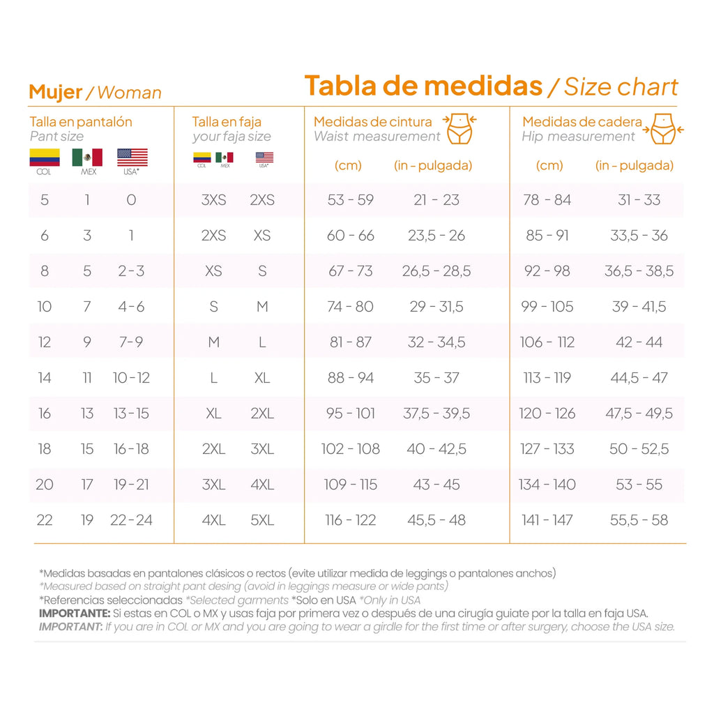 Size chart for women's clothing in multiple languages