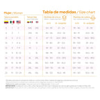 Size chart for women's clothing in multiple languages with waist, hip, and garment length measurements.