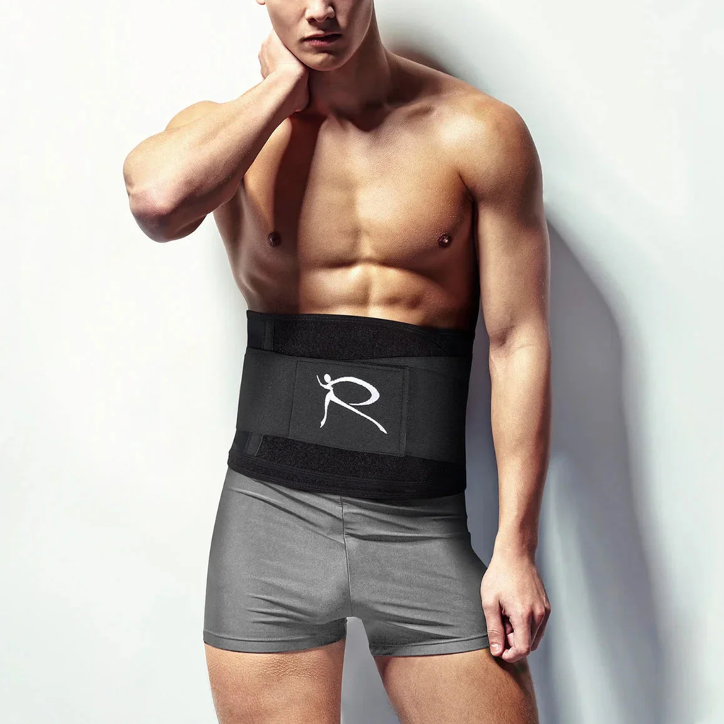 Man wearing a black waist trainer with a logo on a white background