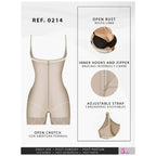 Beige shapewear with open bust, inner hooks, zipper, and adjustable straps, featuring open crotch design