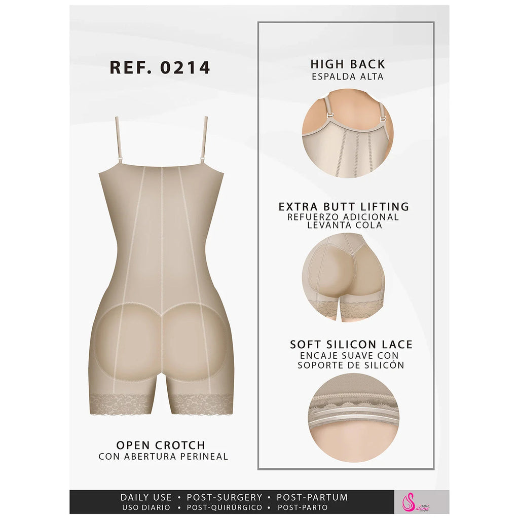 Beige shapewear with high back, extra butt lifting, and soft silicone lace, open crotch style