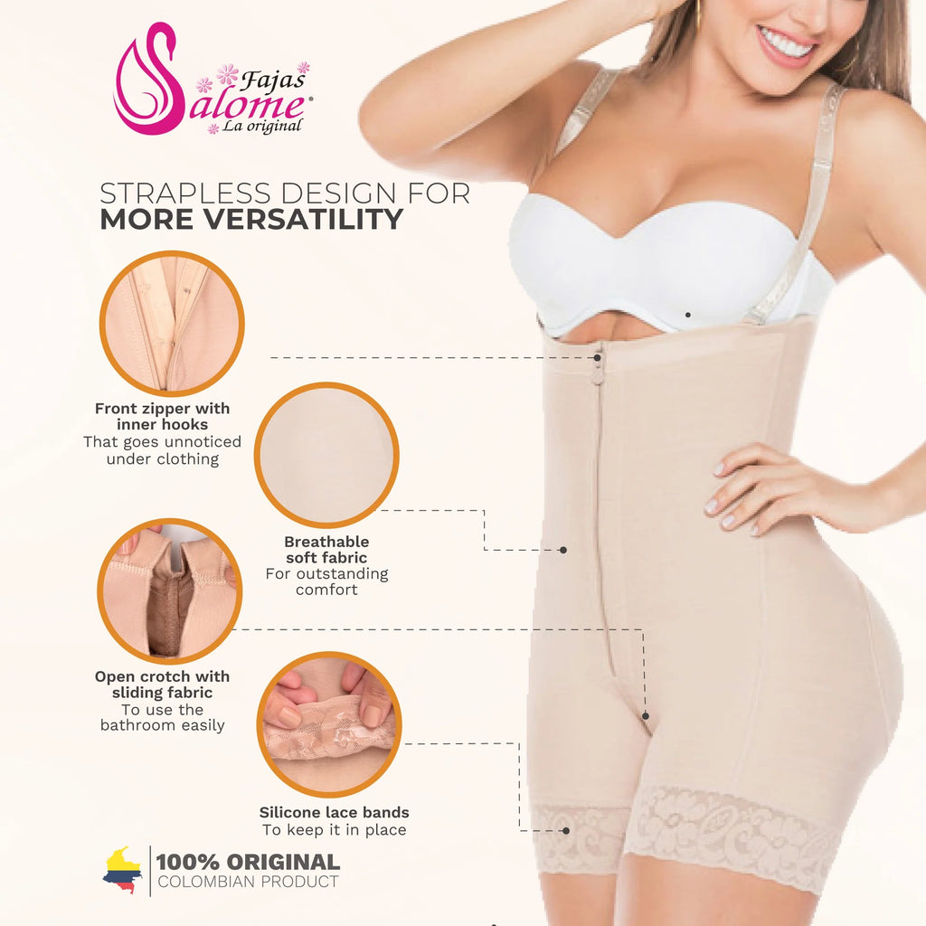 Beige shapewear with front zipper, breathable fabric, open crotch, and silicone lace bands for comfort and support