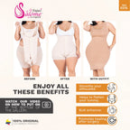 Before, after, and outfit view of beige shapewear showing silhouette smoothing, tummy flattening, and butt enhancement