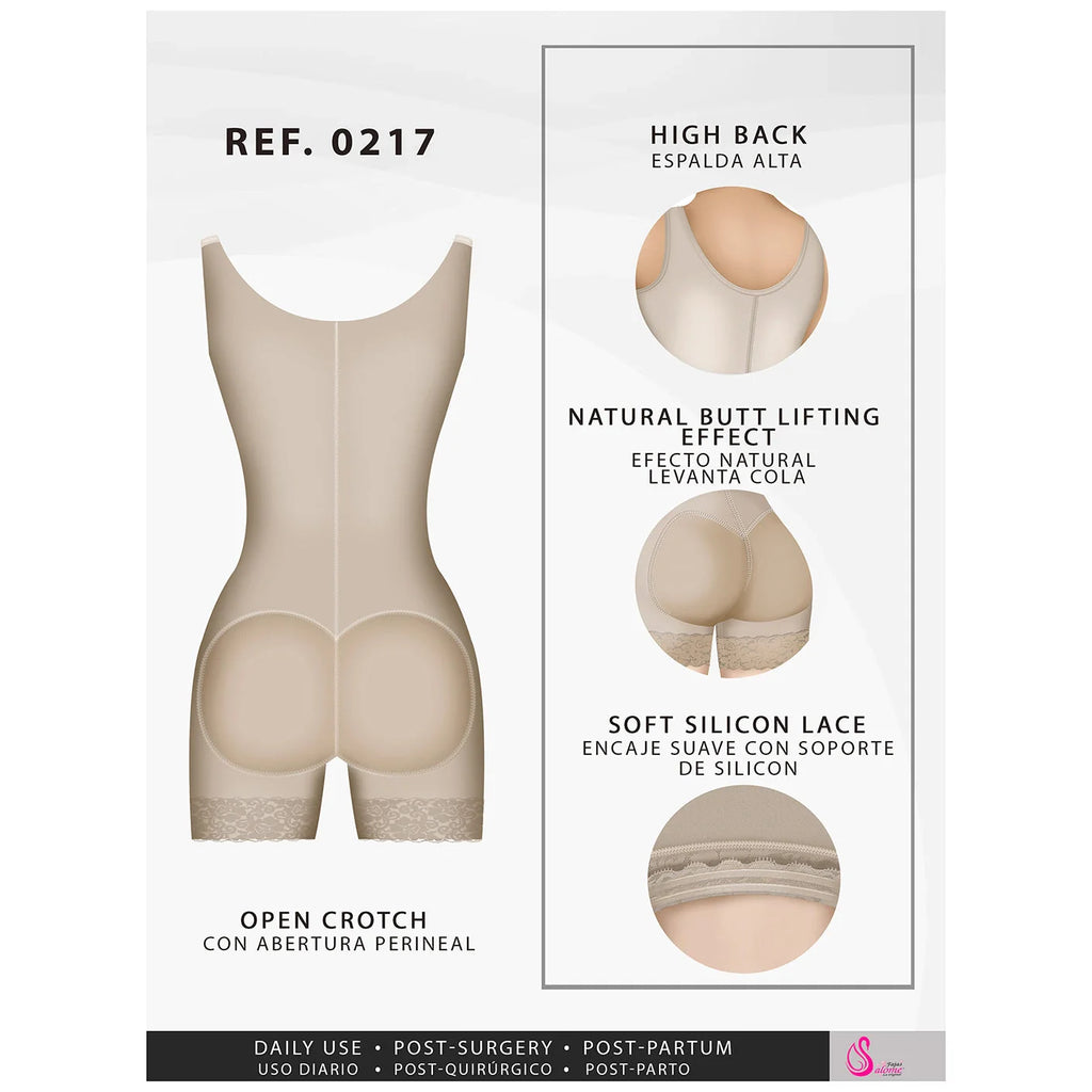 Beige shapewear with high back, natural butt lifting effect, soft silicone lace, and open crotch