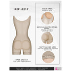 Beige shapewear with high back, natural butt lifting effect, soft silicone lace, and open crotch