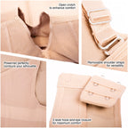 Beige shapewear details: open crotch, removable shoulder straps, power net panel, and 3-level hook-and-eye closure