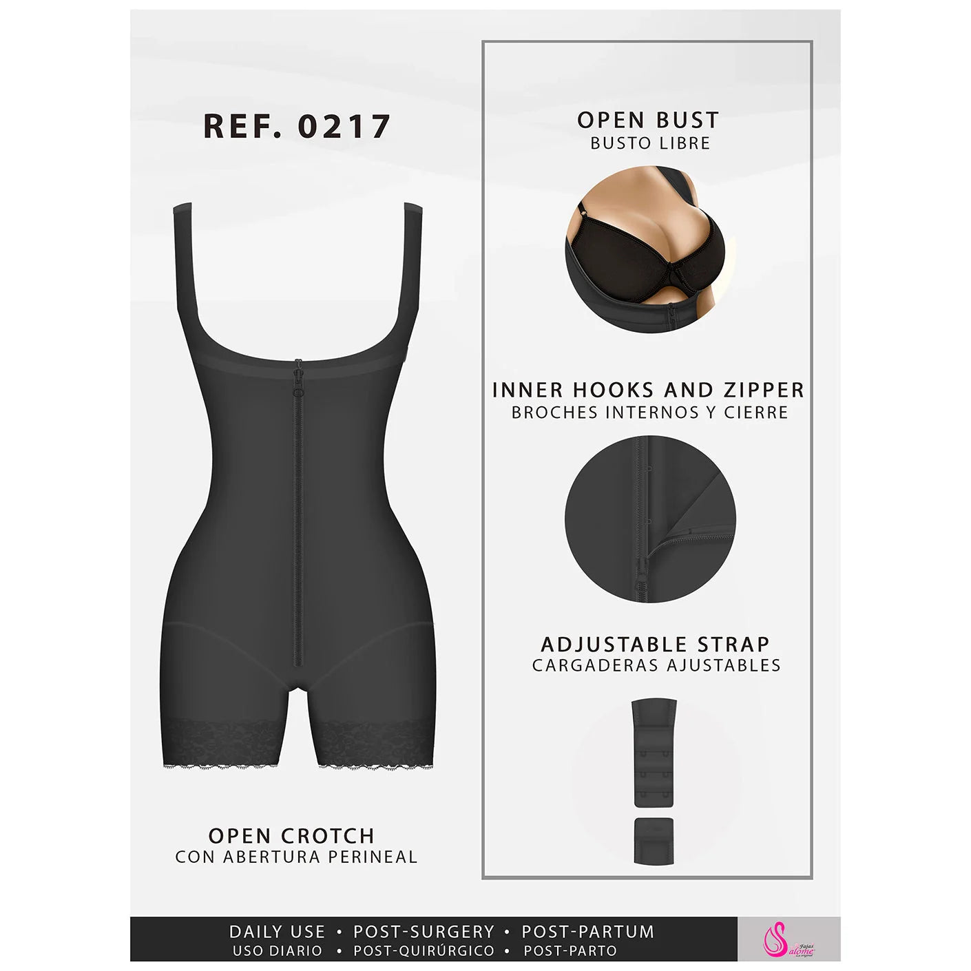 Black shapewear with open bust, inner hooks and zipper, adjustable straps, and open crotch design