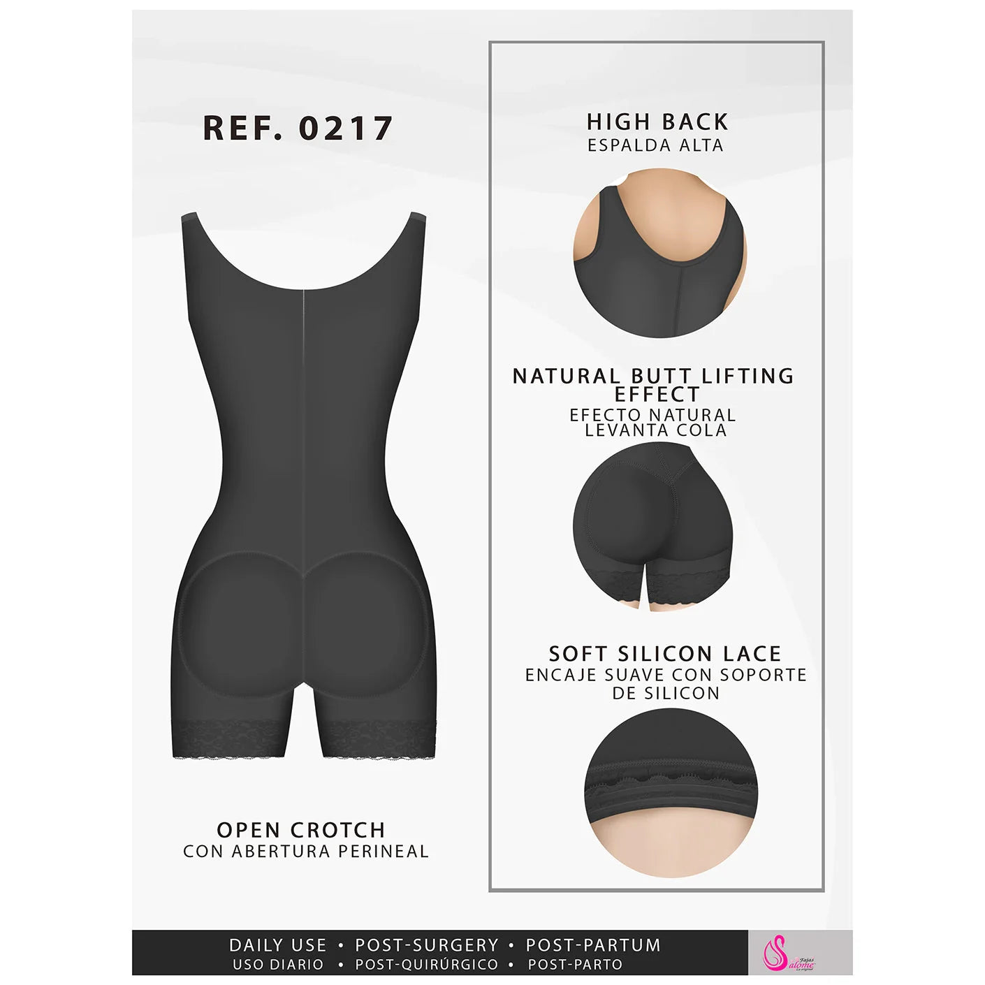 Black shapewear with high back, natural butt lifting effect, soft silicone lace, and open crotch design