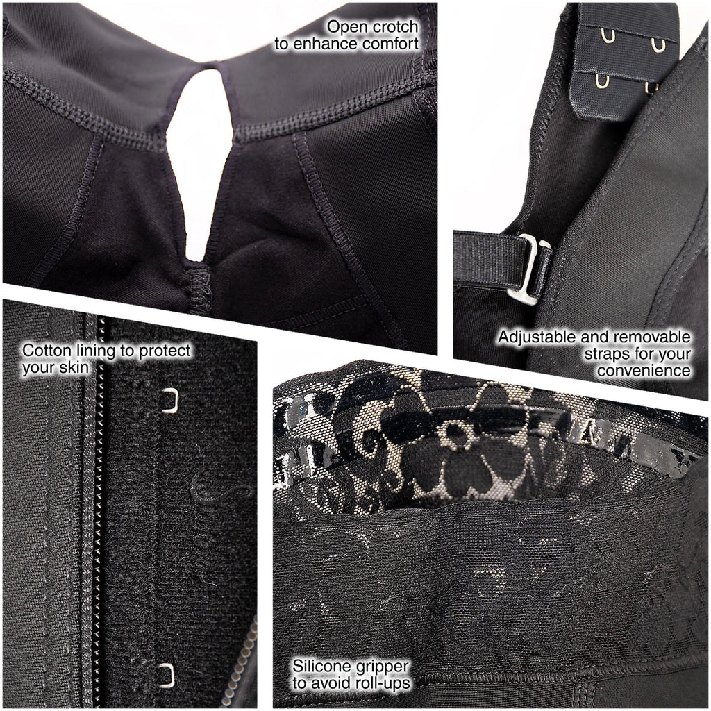Black shapewear details: open crotch, cotton lining, adjustable removable straps, and silicone gripper to prevent roll-ups
