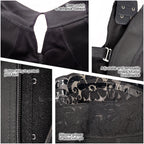 Black shapewear details: open crotch, cotton lining, adjustable removable straps, and silicone gripper to prevent roll-ups