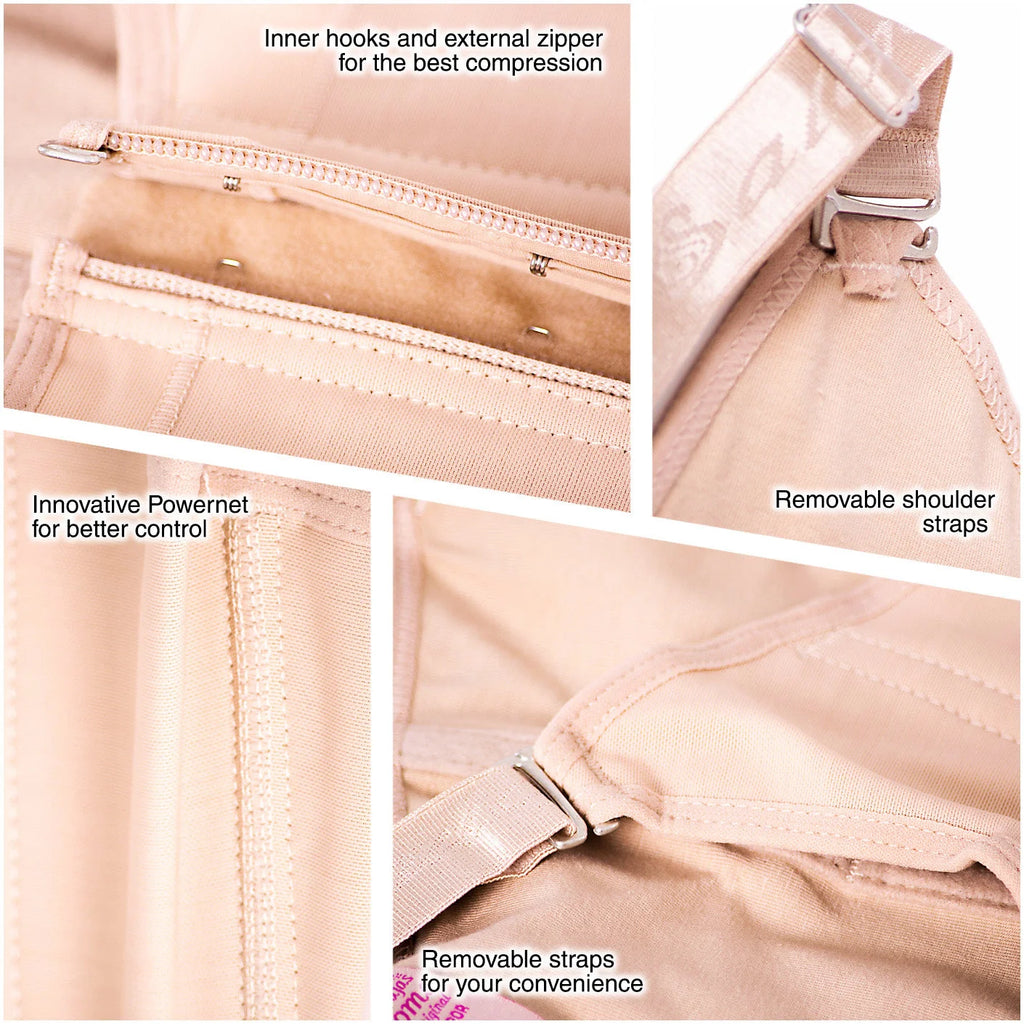 Beige waist trainer details: inner hooks, external zipper, innovative power net, and removable shoulder straps
