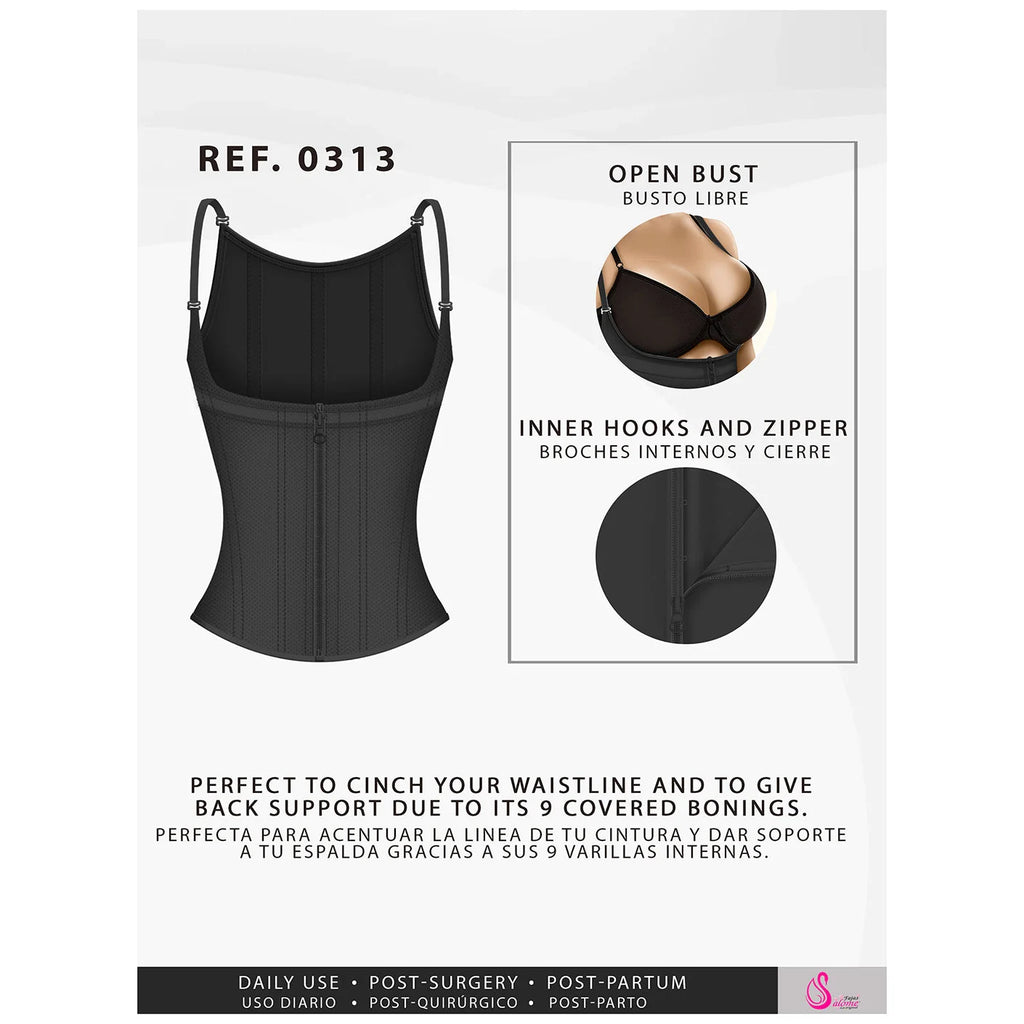 Black waist trainer with open bust, inner hooks and zipper, and 9 covered bonings for waist control and back support