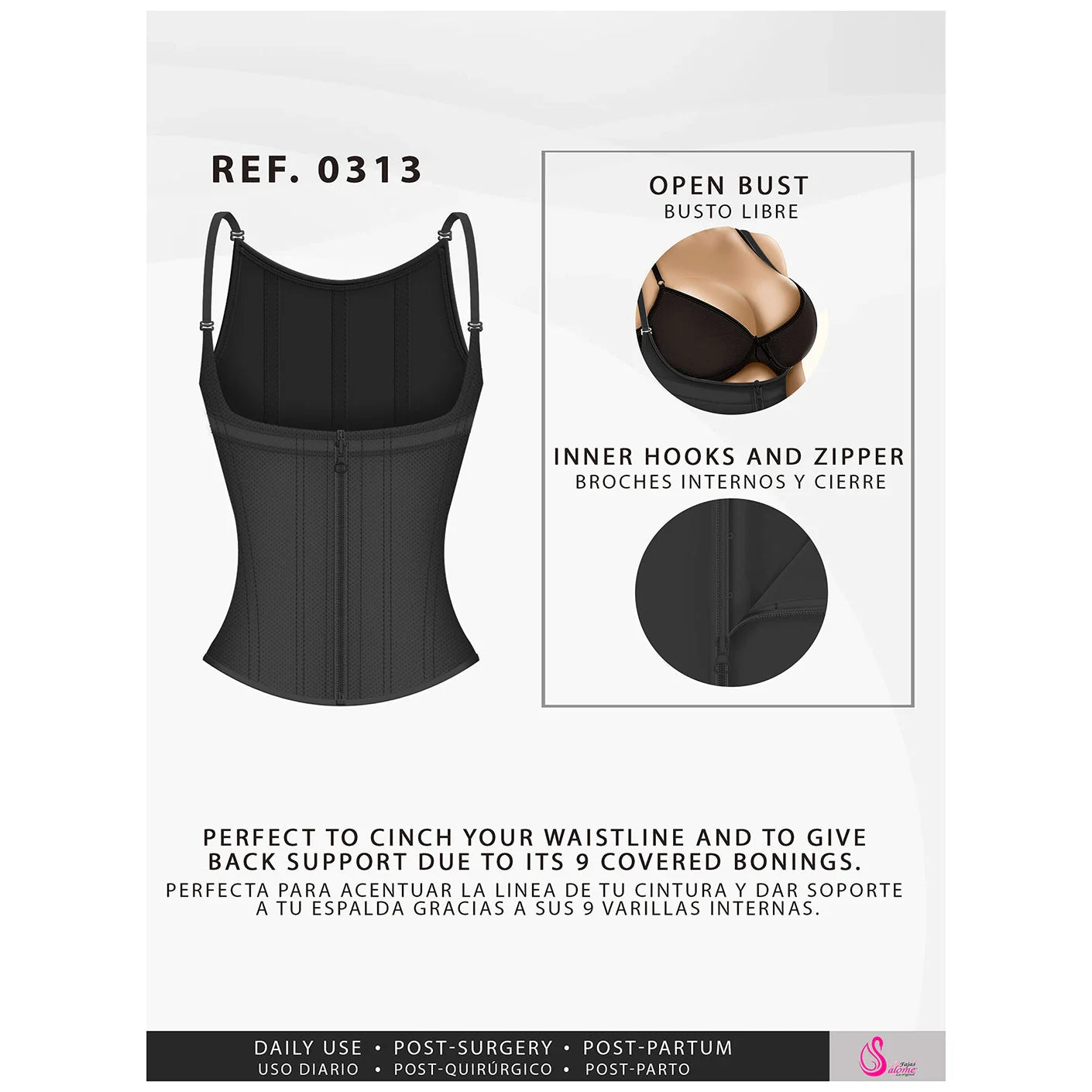 Black waist trainer with open bust, inner hooks and zipper, and 9 covered bonings for waist control and back support