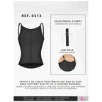 Black waist trainer vest with adjustable straps and low back design, featuring 9 covered bonings for support