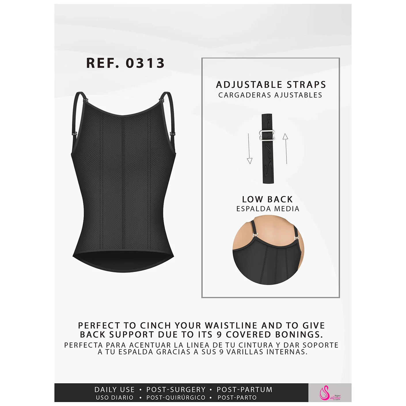 Black waist trainer vest with adjustable straps and low back design, featuring 9 covered bonings for support