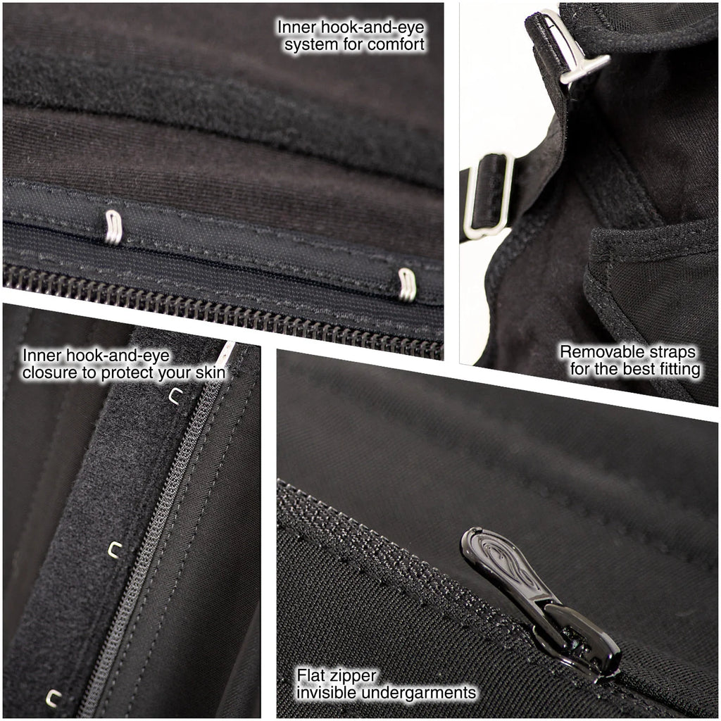 Black waist trainer details: inner hook-and-eye closure, flat zipper, removable straps, and breathable fabric