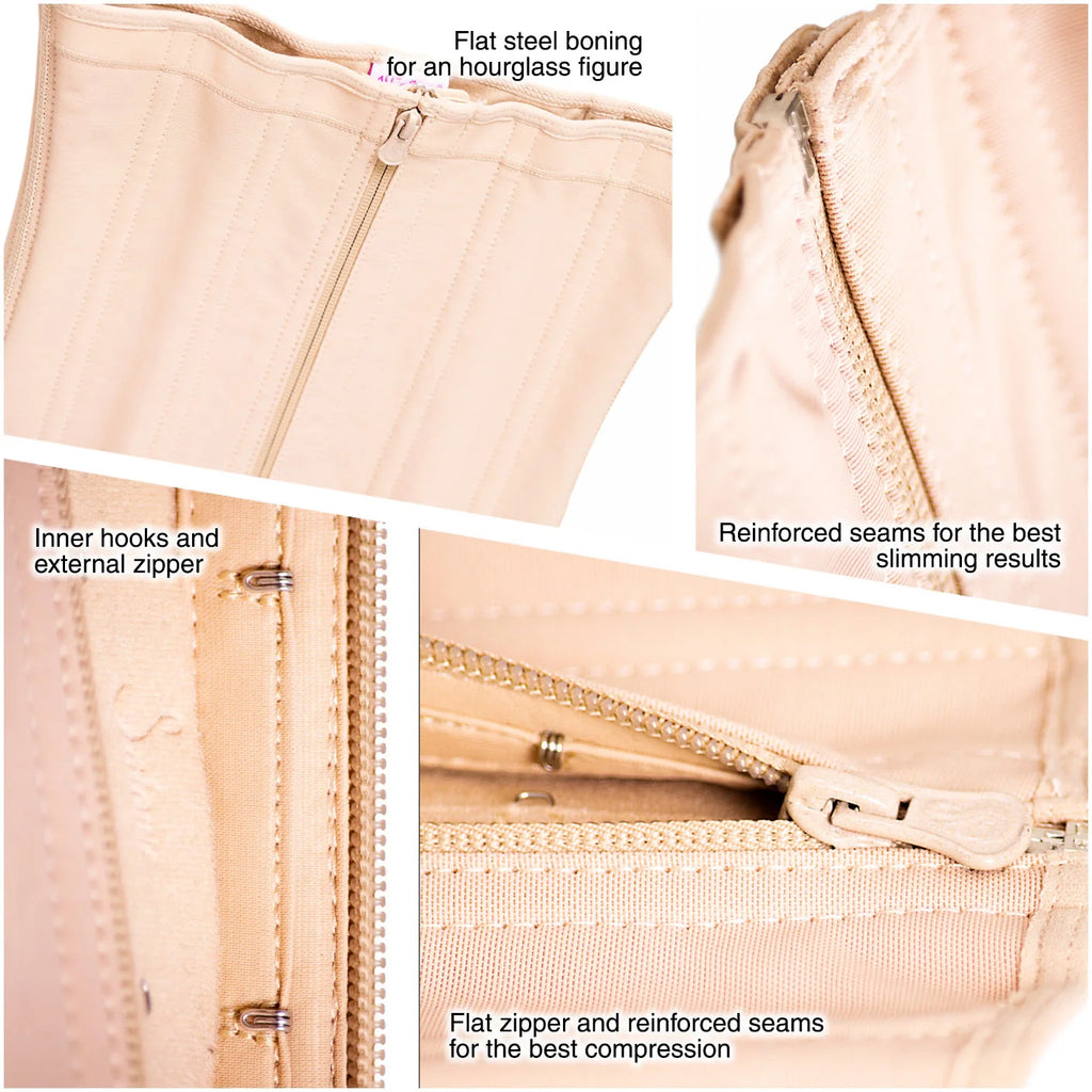 Beige waist cincher details: flat steel boning, reinforced seams, inner hooks, and external zipper for compression and durability