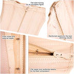 Beige waist cincher details: flat steel boning, reinforced seams, inner hooks, and external zipper for compression and durability
