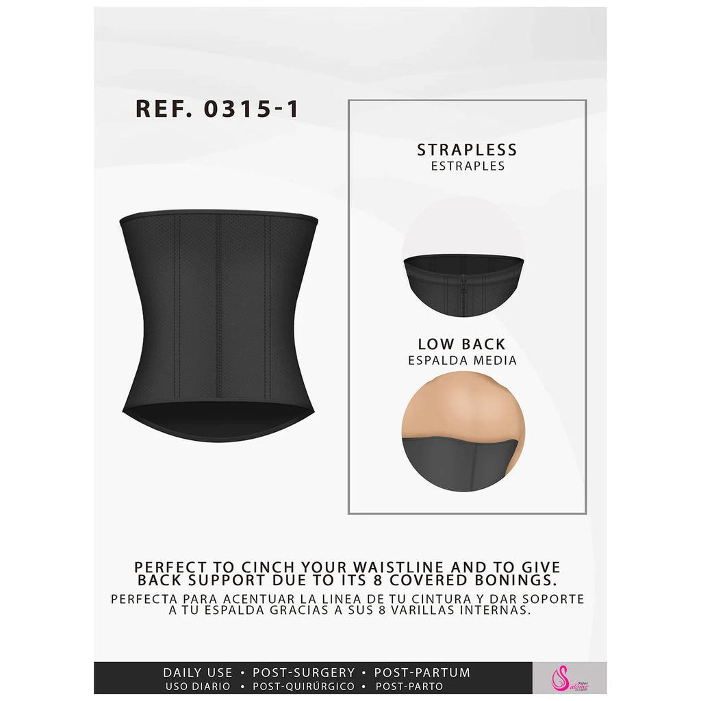 Black strapless waist cincher with low back and 8 covered bonings for waist shaping and back support