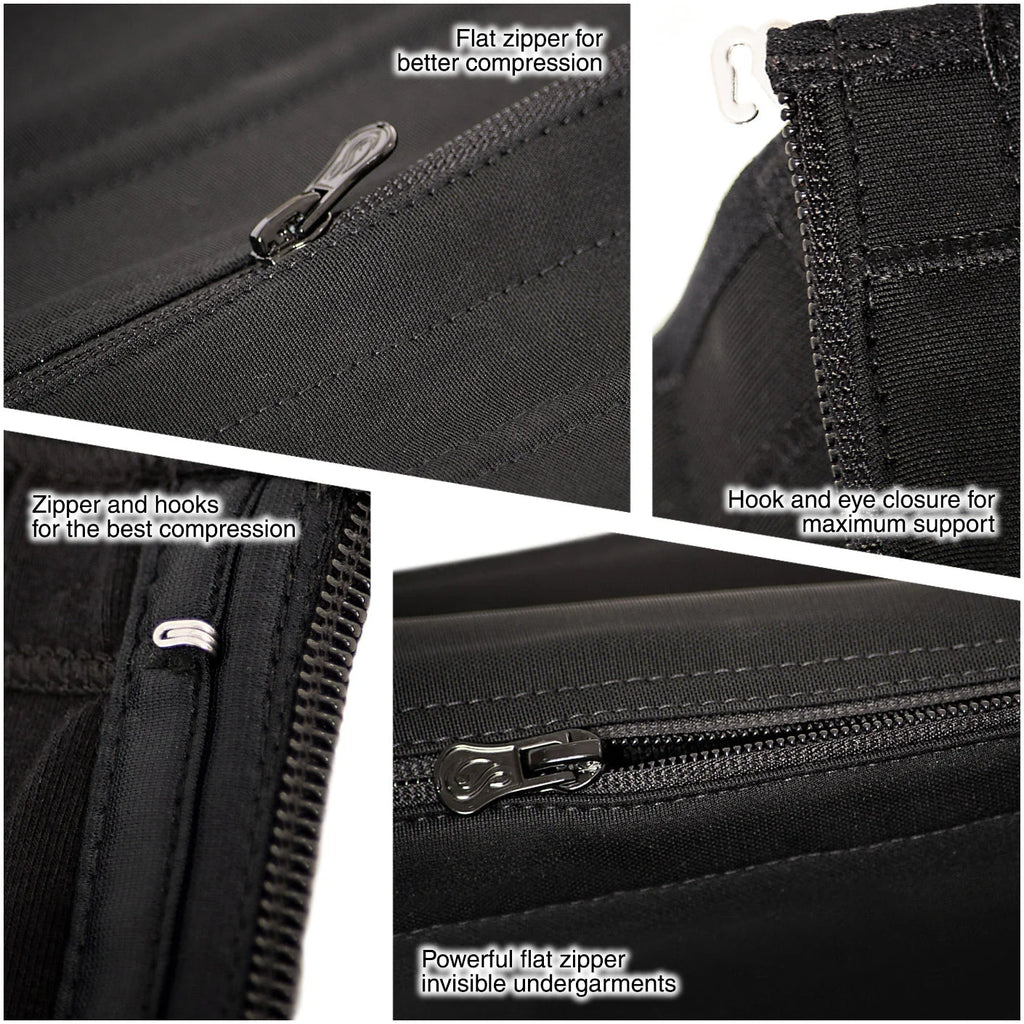Black waist cincher details: flat zipper, hook and eye closure, reinforced seams, and powerful compression for support