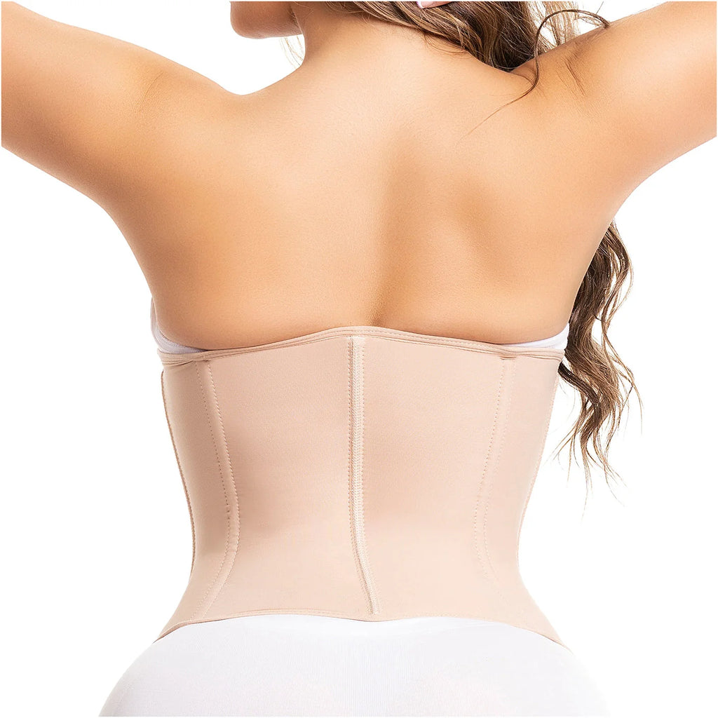 Back view of beige waist cincher highlighting hourglass figure and smooth silhouette